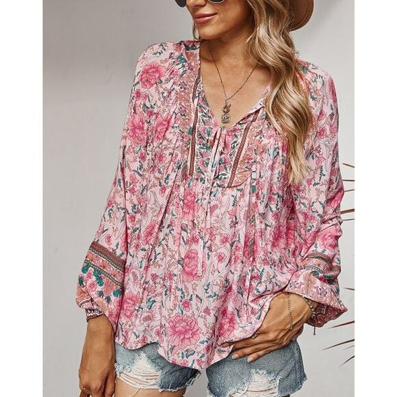 Women's Boho Pink Floral Tie-Neck Peasant Blouse - Large - Picture 1 of 1